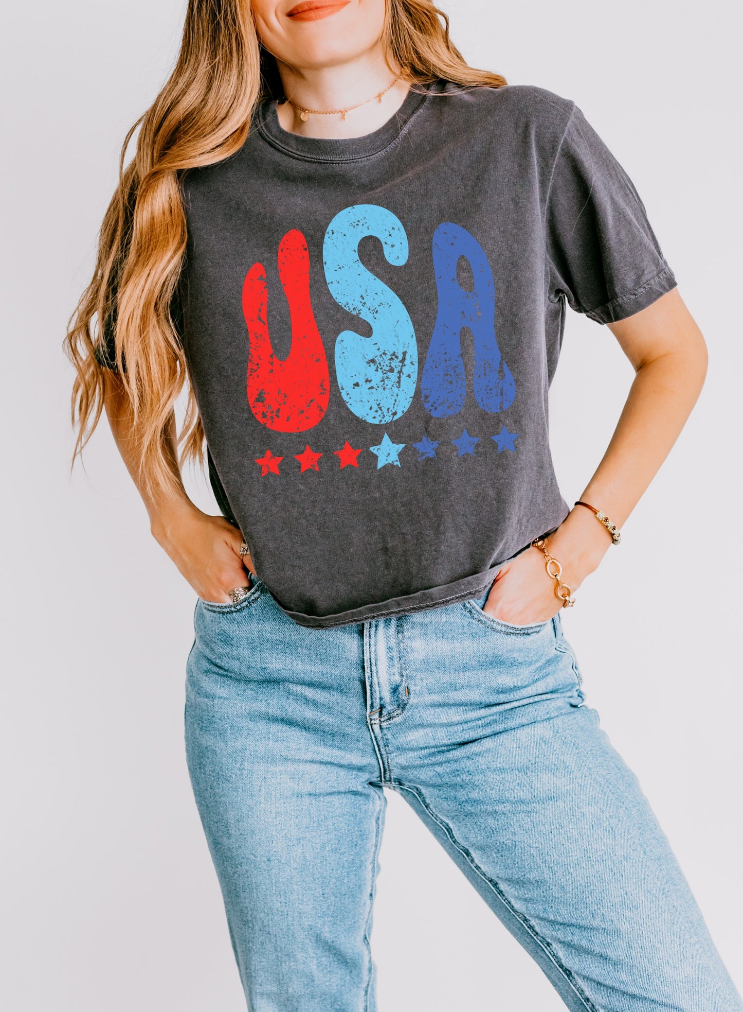 USA Distressed Mid-Length T-Shirt