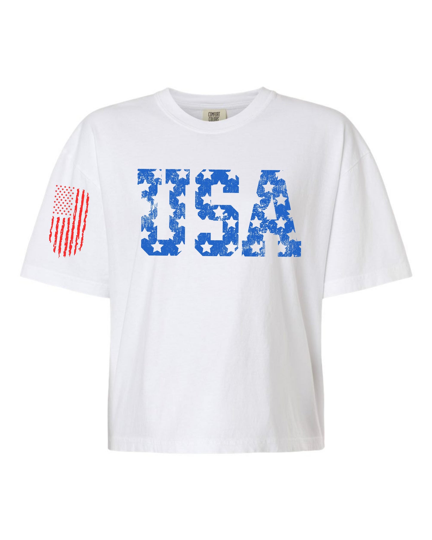 Distressed USA (Flag On Sleeve) Crop Mid-Length Women's Boxy T-Shirt