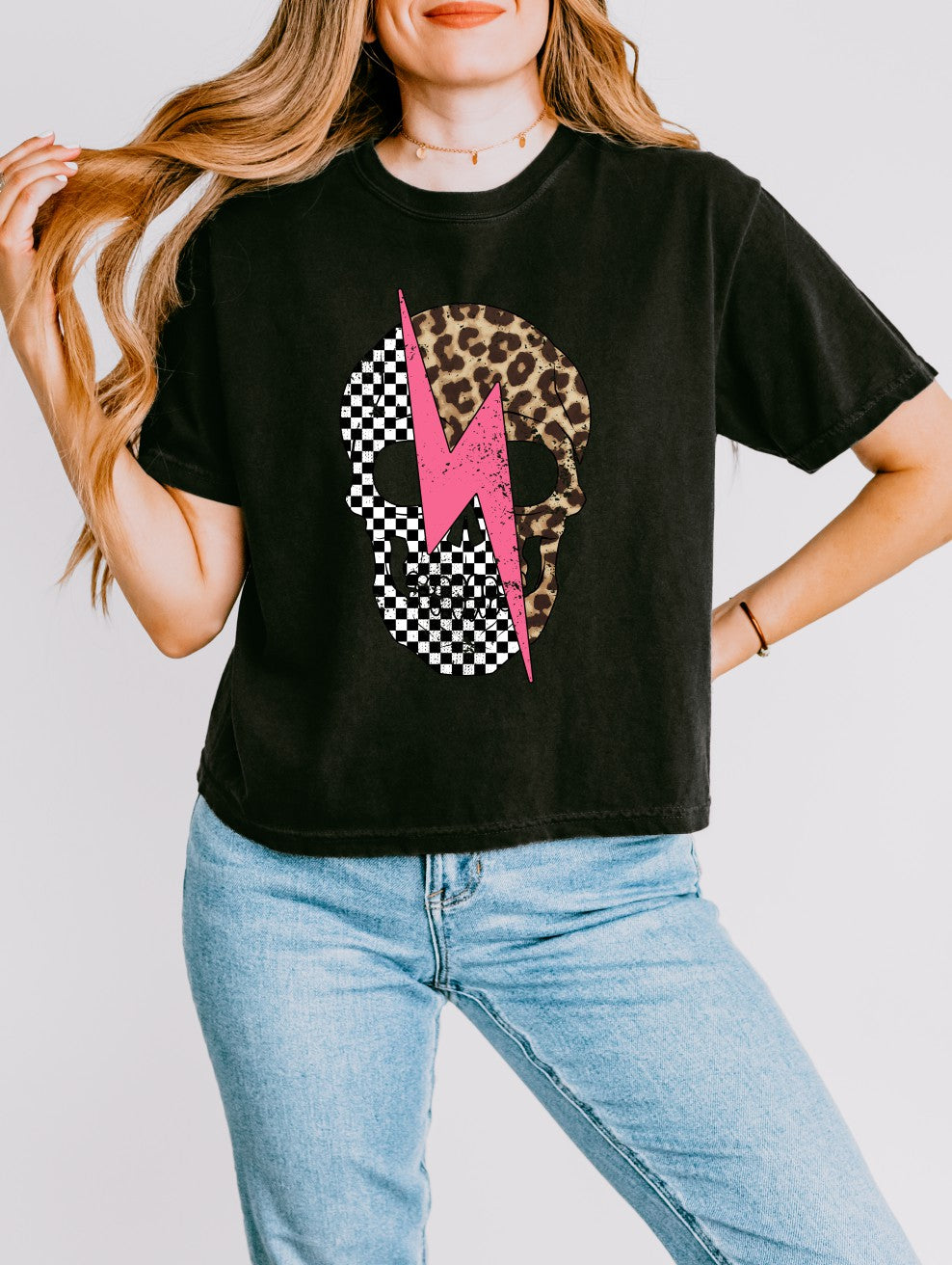 Leopard Skelly Mid-Length Conservative Crop Boxy T-Shirt
