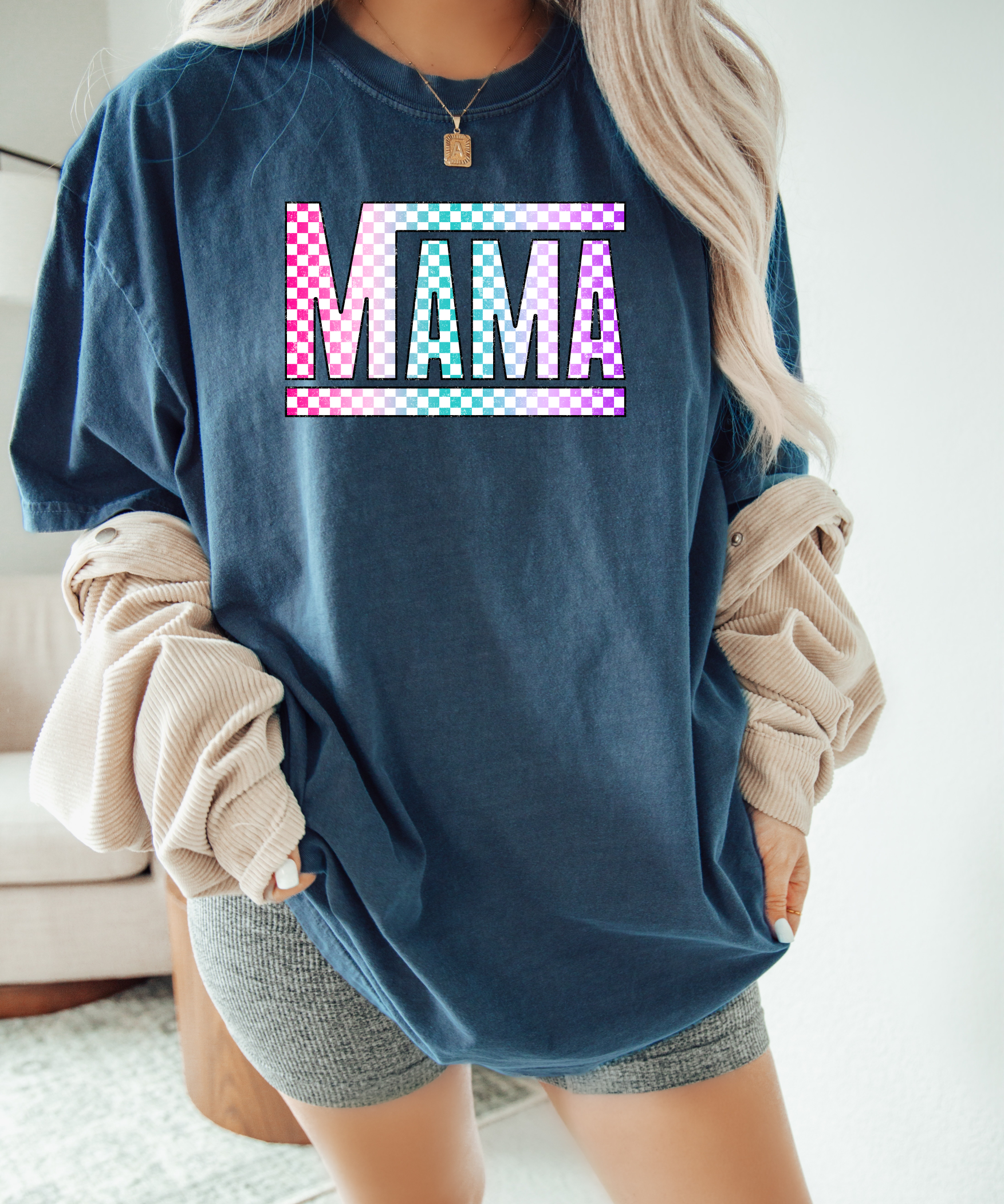 Multi-Colored Checkered Mama T-Shirt