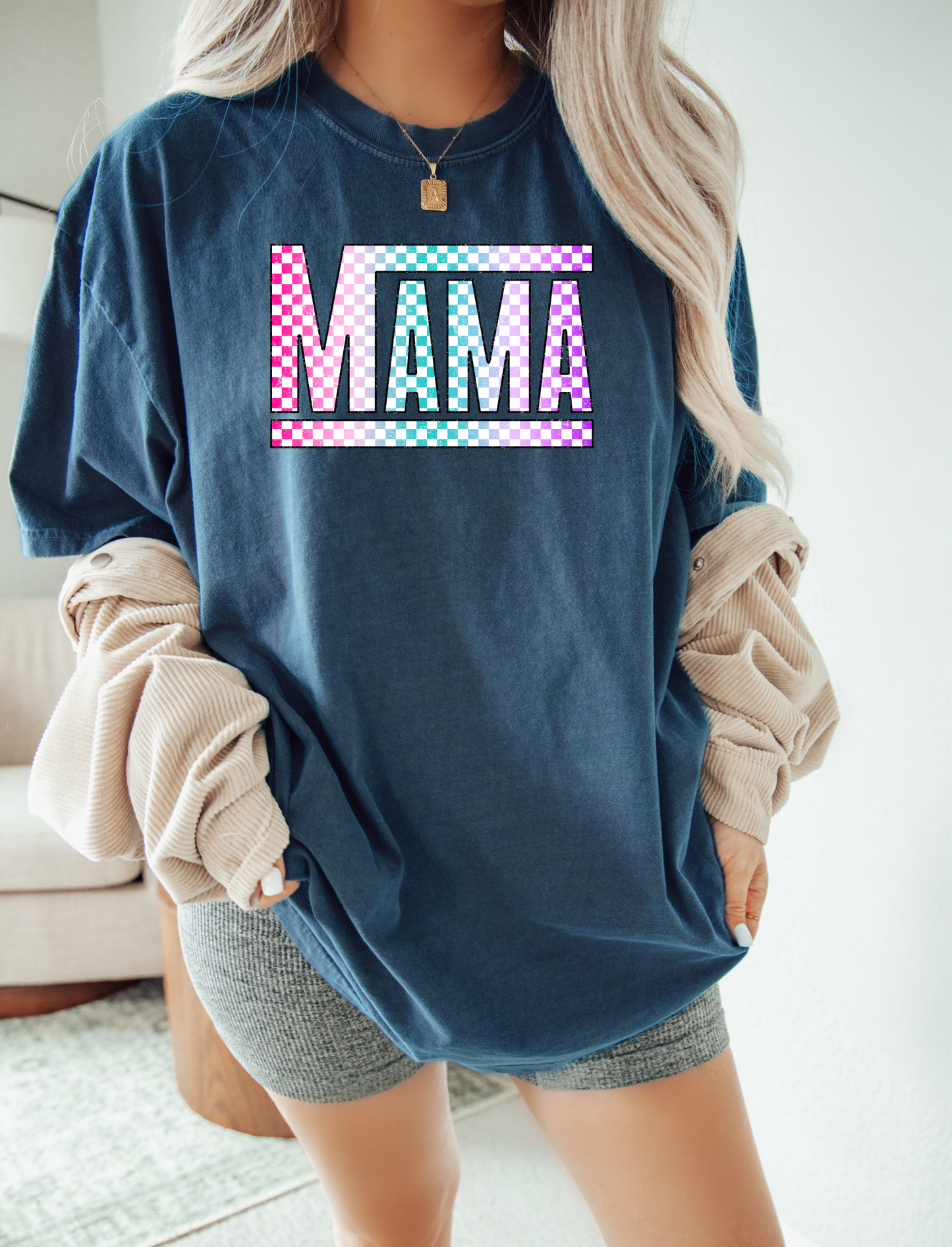 Multi-Colored Checkered Mama T-Shirt