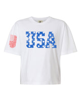 Distressed USA (Flag On Sleeve) Crop Mid-Length Women's Boxy T-Shirt